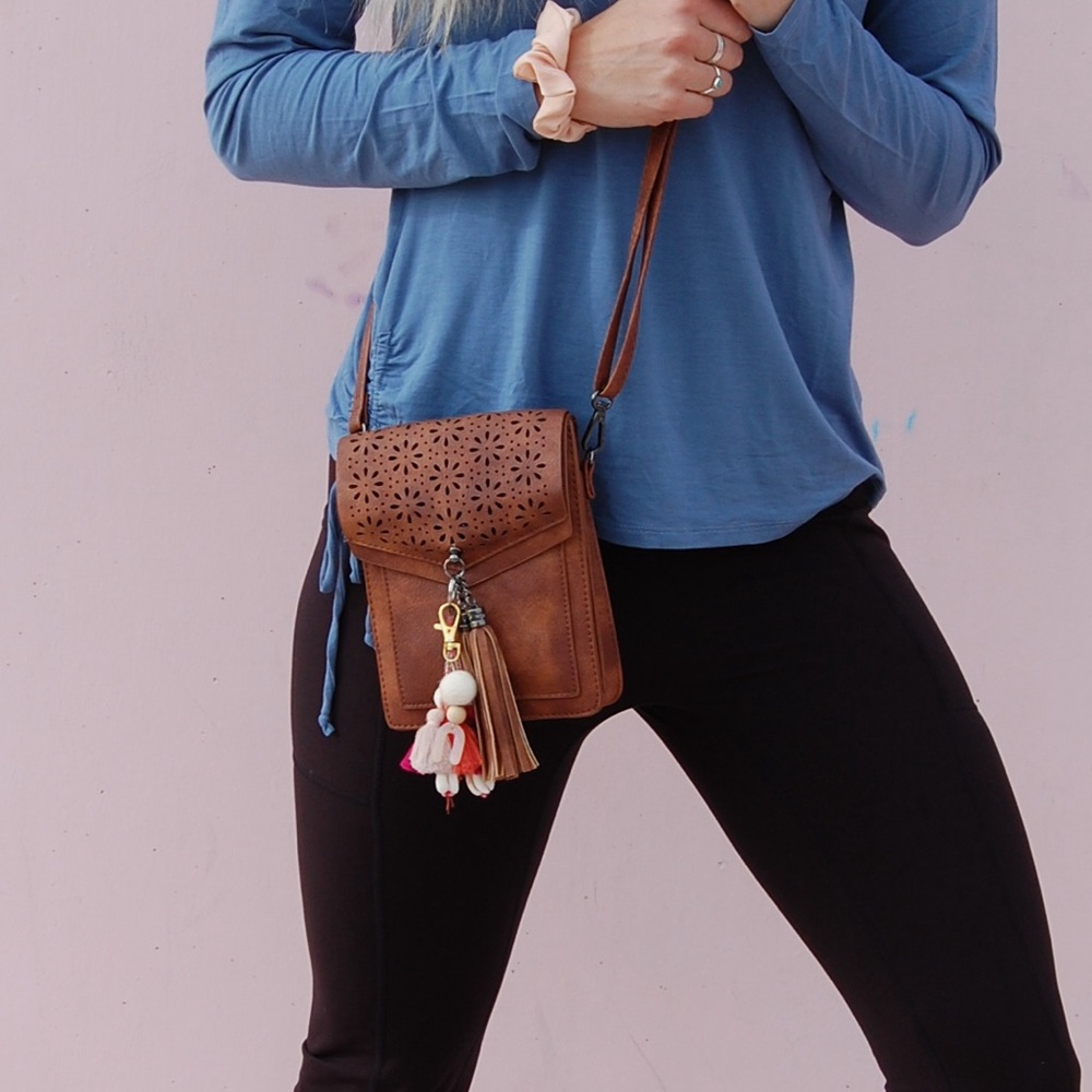 Crossbody boho faux leather bag with tassels